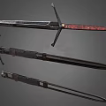 Medieval Sword With Decorative Red Hilt Sharp Blade And Black Scabbard In Multiple Views 3d model