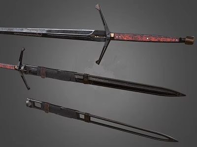 Medieval Sword With Decorative Red Hilt Sharp Blade And Black Scabbard In Multiple Views 3d model