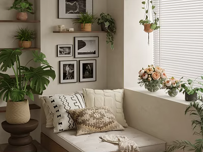 Cozy Indoor Corner With Various Potted Plants Shelf Hanging Monstera And Sofa Cushions 3d model