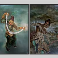 Two Panel Art Paintings With Human Figures Doing Traditional Textile Work On Abstract Green Background