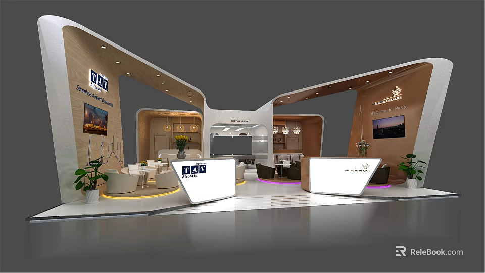 Modern Exhibition Booth Design With Curved Structure Reception Desk And Seating Area 3d model
