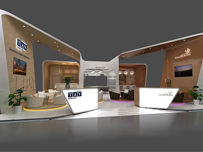 Modern Exhibition Booth Design With Curved Structure Reception Desk And Seating Area 3d model