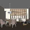 Elegant Hotel Mahjong Room Interior With Wooden Table Sofa And Hanging Lamp