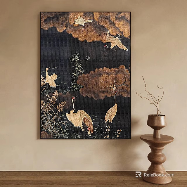 Animal Painting With Cranes Clouds Bamboo And Flowers On Dark Background Hanging On Light Wall 3d model