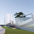 Modern Landscape Pavilion Featuring Geometric Glass Structure Green Lawn Trees And Clear Sky