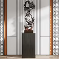 Abstract Modern Sculpture Artwork On Dark Pedestal With Geometric Wall Pattern Design 3d model