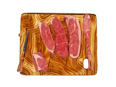 Fresh Raw Steaks Arranged On Wooden Cutting Board With Sharp Knife 3d model