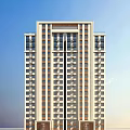 Modern High Rise Residential Building with Glass Curtain Walls Under Blue Sky and White Clouds