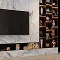 Marble TV Background Wall With Flat Screen TV Fireplace And Decorative Shelves 3d model