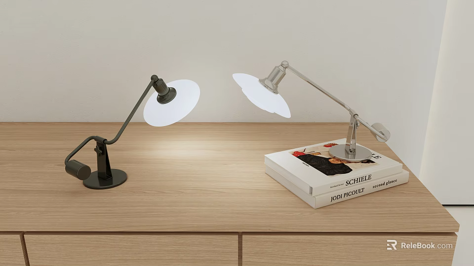 Modern Adjustable Arm Desk Lamps With White Shade On Wooden Desk And Books 3d model 