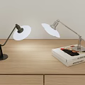 Modern Adjustable Arm Desk Lamps With White Shade On Wooden Desk And Books