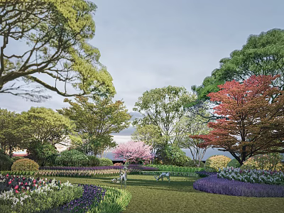 Scenic Park Landscape With Cherry Blossom Red Maple Trees Colorful Flowers And Green Lawn 3d model