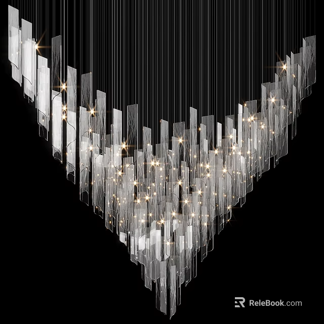 Modern Illuminated Chandelier With Transparent Rectangular Glass Pieces Curved Arrangement And Bright Lighting 3d model 