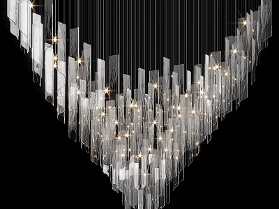 Modern Illuminated Chandelier With Transparent Rectangular Glass Pieces Curved Arrangement And Bright Lighting 3d model