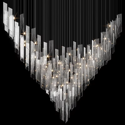 Modern Illuminated Chandelier With Transparent Rectangular Glass Pieces Curved Arrangement And Bright Lighting 3d model