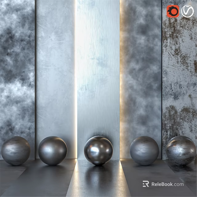 Metallic Components Featuring Five Spheres Arranged Against Textured Panels And Illuminated Strip 3d model 