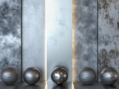Metallic Components Featuring Five Spheres Arranged Against Textured Panels And Illuminated Strip 3d model