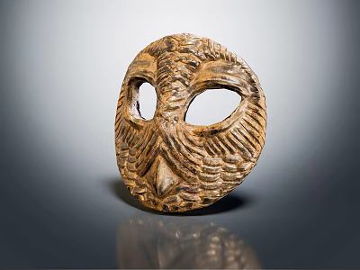Handcrafted Wooden Mask With Owl Like Design And Detailed Carved Texture 3d model