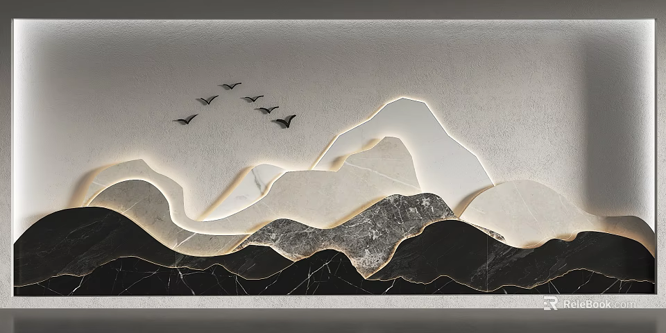 Sofa Backdrop Wall With Mountain Design Flying Birds And Marble Texture 3d model