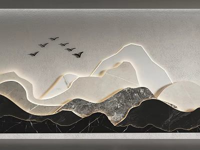 Sofa Backdrop Wall With Mountain Design Flying Birds And Marble Texture 3d model