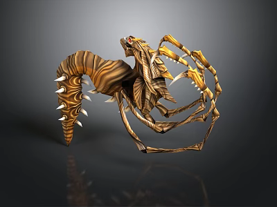 Fantasy Spider Like Creature With Golden Brown Armored Exoskeleton And Multiple Spiked Legs 3d model