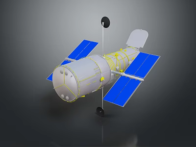 3D Model of Spacecraft With Blue Solar Panels White Body Yellow Lines and Antenna 3d model