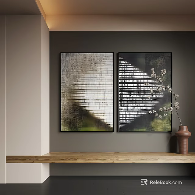 Geometric Abstract Paintings on Wall with Wooden Shelf and Vase Branches 3d model 