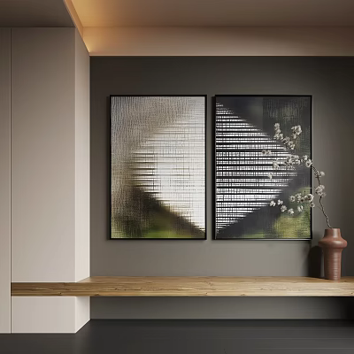 Geometric Abstract Paintings on Wall with Wooden Shelf and Vase Branches 3d model