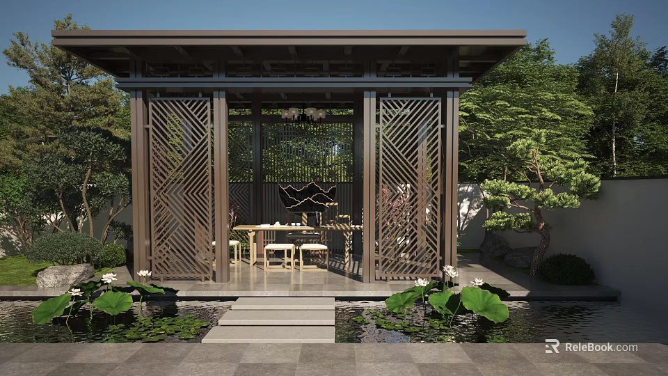 Chinese Style Pergola With Lattice Design In Outdoor Garden Featuring Water And Green Plants 3d model 
