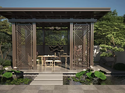 Chinese Style Pergola With Lattice Design In Outdoor Garden Featuring Water And Green Plants 3d model