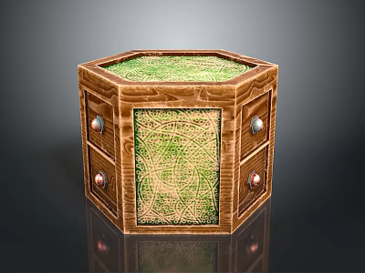 Hexagonal Wooden Storage Box With Green Interior Woven Texture And Metal Knobs 3d model