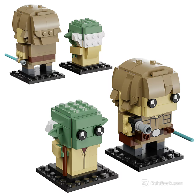 Lego BrickHeadz Collectible Figures With Green Head And Brown Hair Holding Lightsabers 3d model 