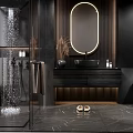 Modern Bathroom Interior With Round Illuminated Mirror Black Vanity And Marble Tiles