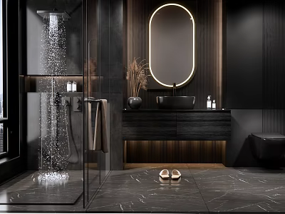Modern Bathroom Interior With Round Illuminated Mirror Black Vanity And Marble Tiles 3d model