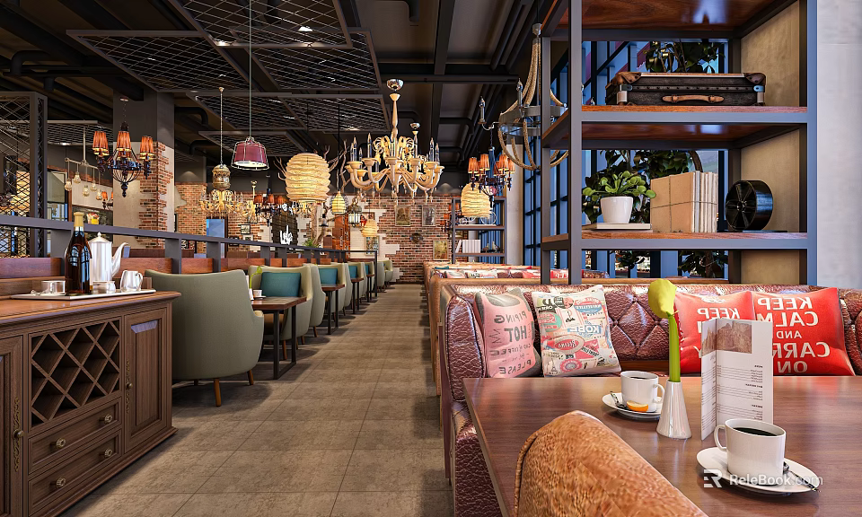 Casual Dining Restaurant Warm Interior With Hanging Lanterns Chandeliers Wooden Tables And Colorful Cushions 3d model 