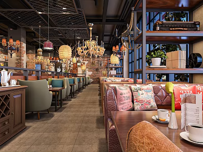 Casual Dining Restaurant Warm Interior With Hanging Lanterns Chandeliers Wooden Tables And Colorful Cushions 3d model