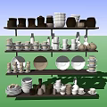 Modern Dinnerware Set With Assorted Bowls Plates Cups And Jugs On Multiple Shelves