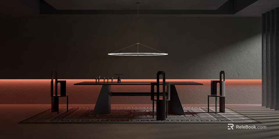 Modern Dining Table Set With Black Chairs Circular Pendant Light On Dark Background And Rug 3d model 