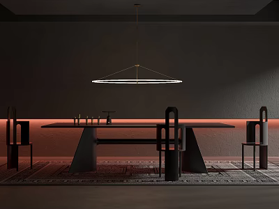 Modern Dining Table Set With Black Chairs Circular Pendant Light On Dark Background And Rug 3d model