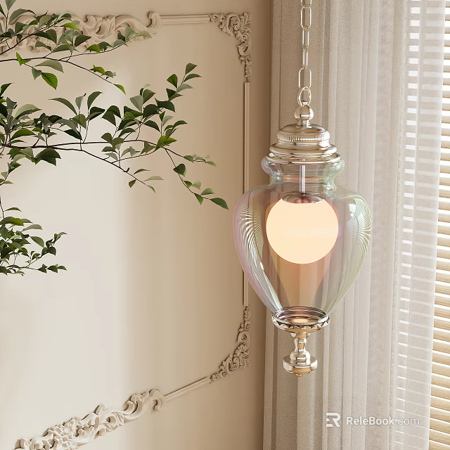 Elegant Glass Pendant Light With Gradient Color Warm Glow And Green Plant Leaves Near Light Colored Wall 3d model 