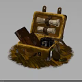 Vintage Open Suitcase Interior With Scrolls Camera And Leather Items 3d model