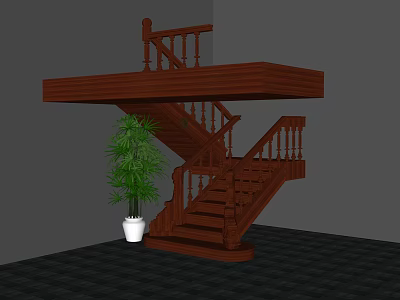 Wooden Staircase With Double Flight Railing White Planter Green Plant And Dark Floor 3d model