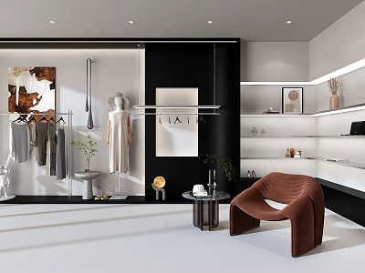 Stylish Modern Clothing Store Interior With Hanging Clothes Mannequins And Brown Armchair 3d model
