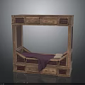 Wooden Bed Frame With Lattice Design Storage Drawers And Purple Cloth