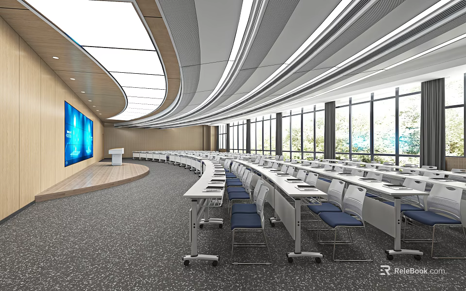 Modern School Classroom With Multimedia Screen Large Windows And Arranged Desks Chairs 3d model 