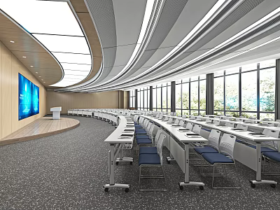 Modern School Classroom With Multimedia Screen Large Windows And Arranged Desks Chairs 3d model