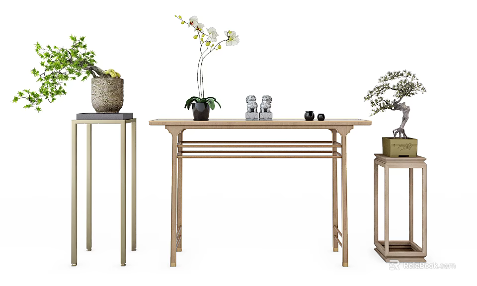 Modern Chinese Style Console Table With Green Plants And Decorative Items 3d model