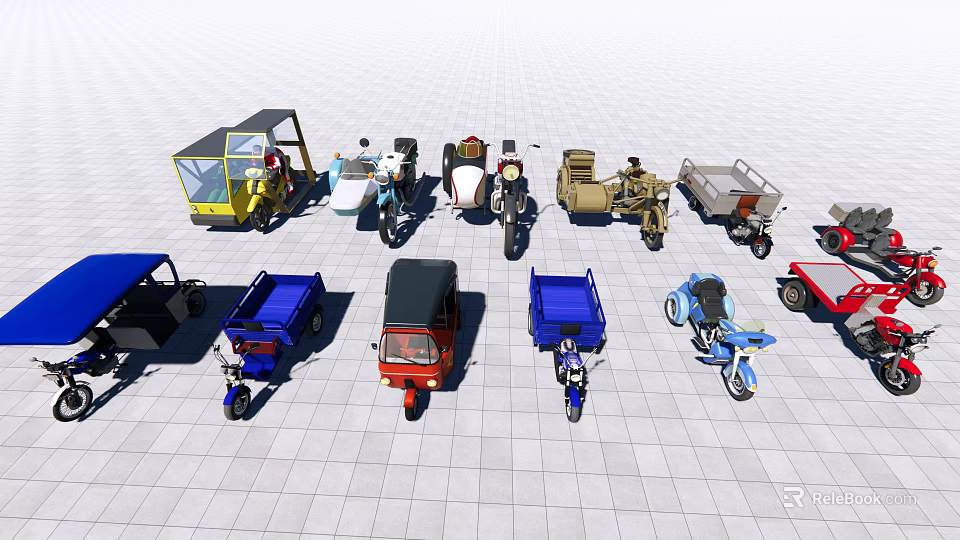 Various Motorcycles and Tricycles in Different Colors Displayed on Tiled Ground 3d model 