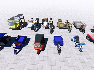 Various Motorcycles and Tricycles in Different Colors Displayed on Tiled Ground 3d model