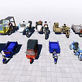 Various Motorcycles and Tricycles in Different Colors Displayed on Tiled Ground